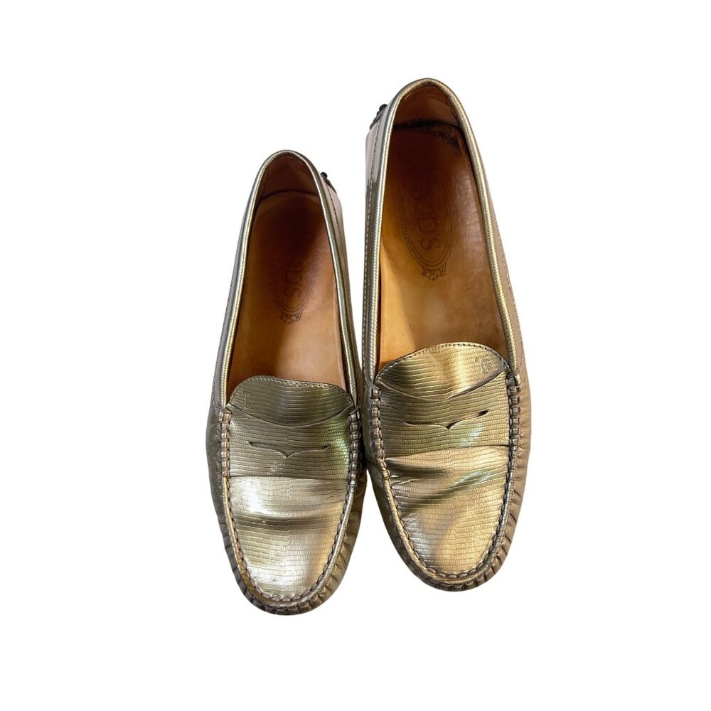 Tod's Metallic City Gommino Leather Penny Loafers Size 37.5 US 7 Gold